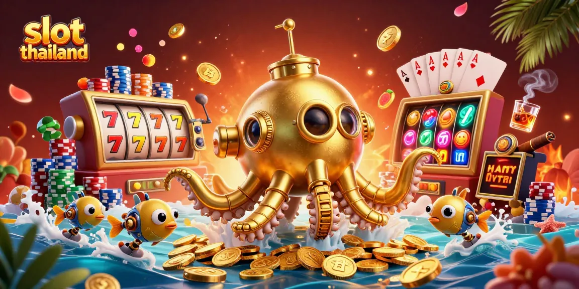 Spin the reels and win at slot thailand, featuring a golden kraken submarine and vibrant game elements.