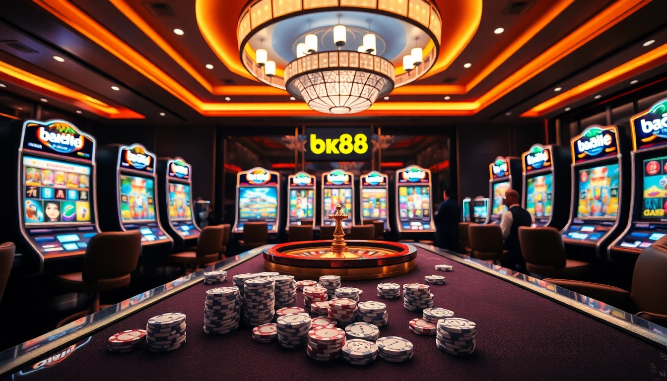 Experience thrilling bk8 สล็อต gameplay surrounded by vibrant slot machines and luxurious casino elements.