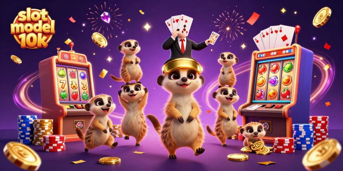 Experience the thrill of slot modal 10k with a lively meerkat casino scene featuring animated characters, sparkling gems, and vibrant game elements.