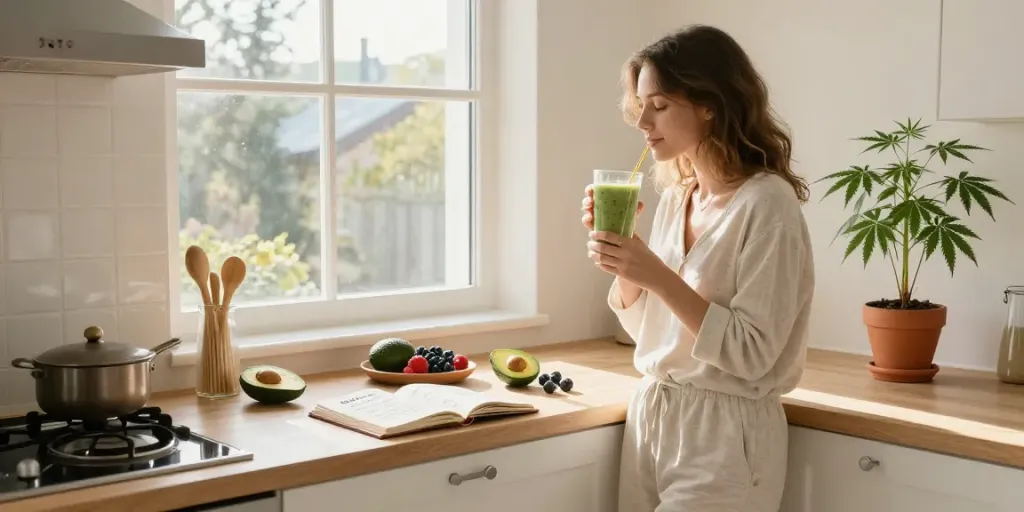 Buy weed in Milton Keynes with high-quality CBD oil, organic ingredients, and natural wellness elements in a bright kitchen setting.