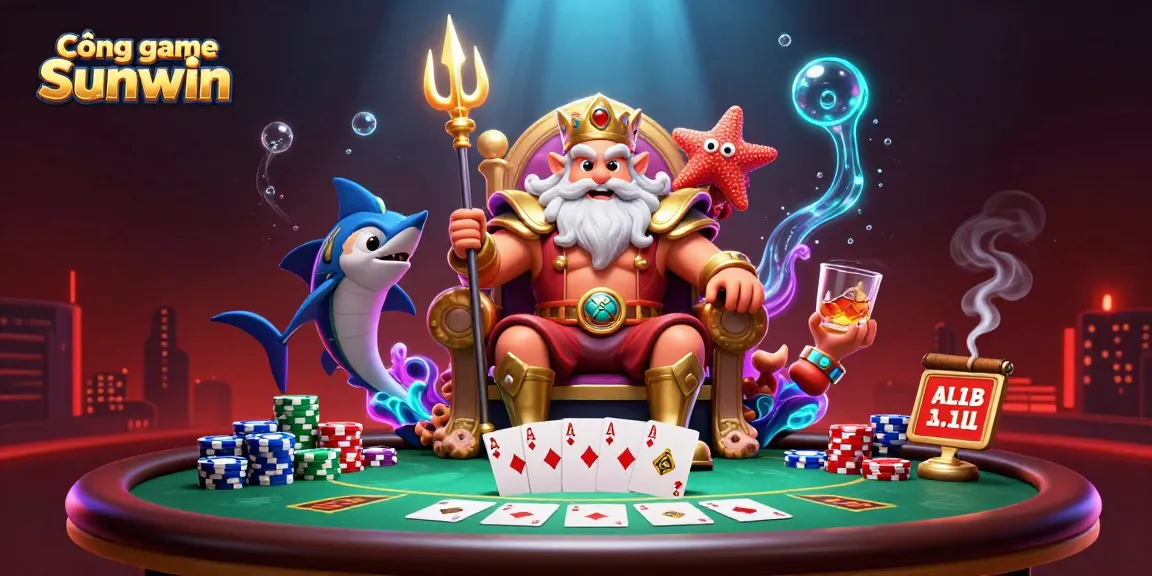 Cổng game Sunwin showcases an engaging underwater gaming scene with sea king Neptune and vibrant poker elements.
