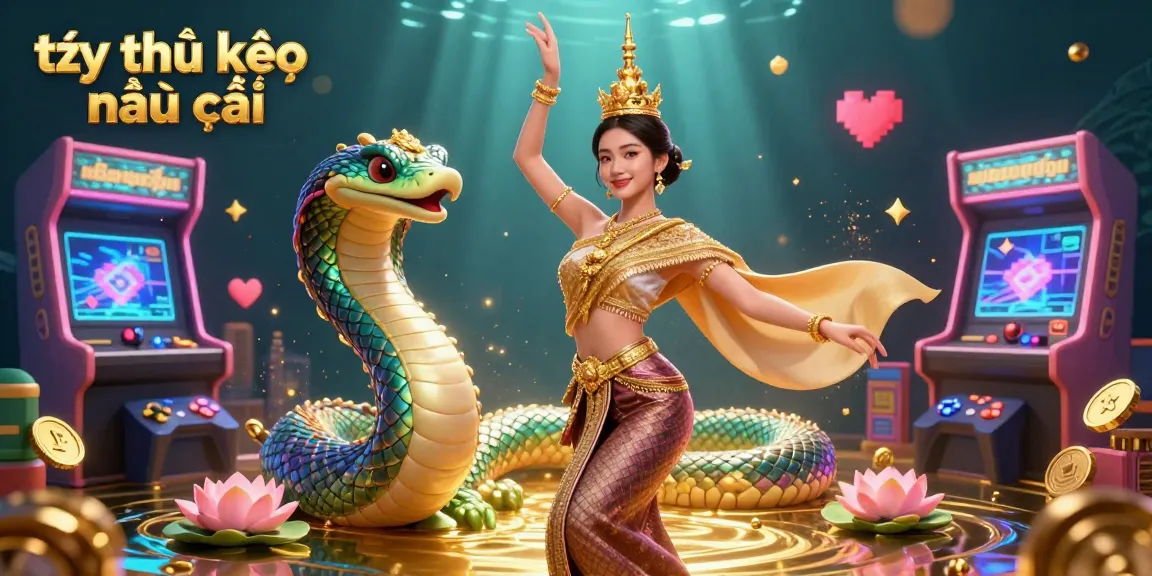 Tỷ lệ kèo nhà cái illuminating the dynamic scene of a Thai woman and a rainbow-scaled Naga serpent in a grand casino setup.