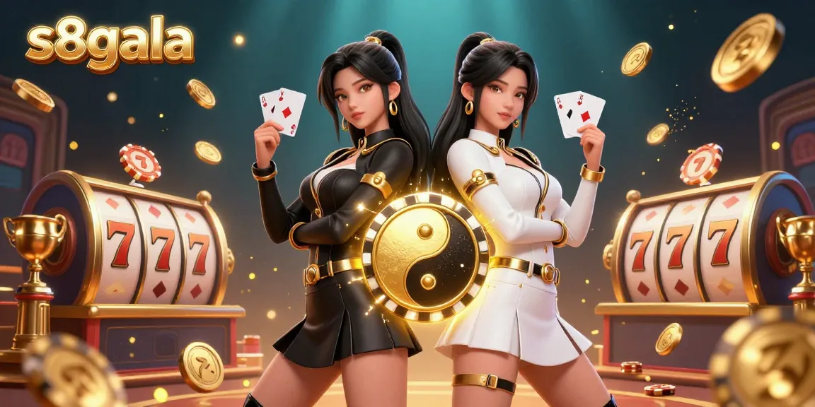 Engage with dynamic casino action featuring stunning twin Asian women in a vibrant s8gala scene with cards and slot elements.