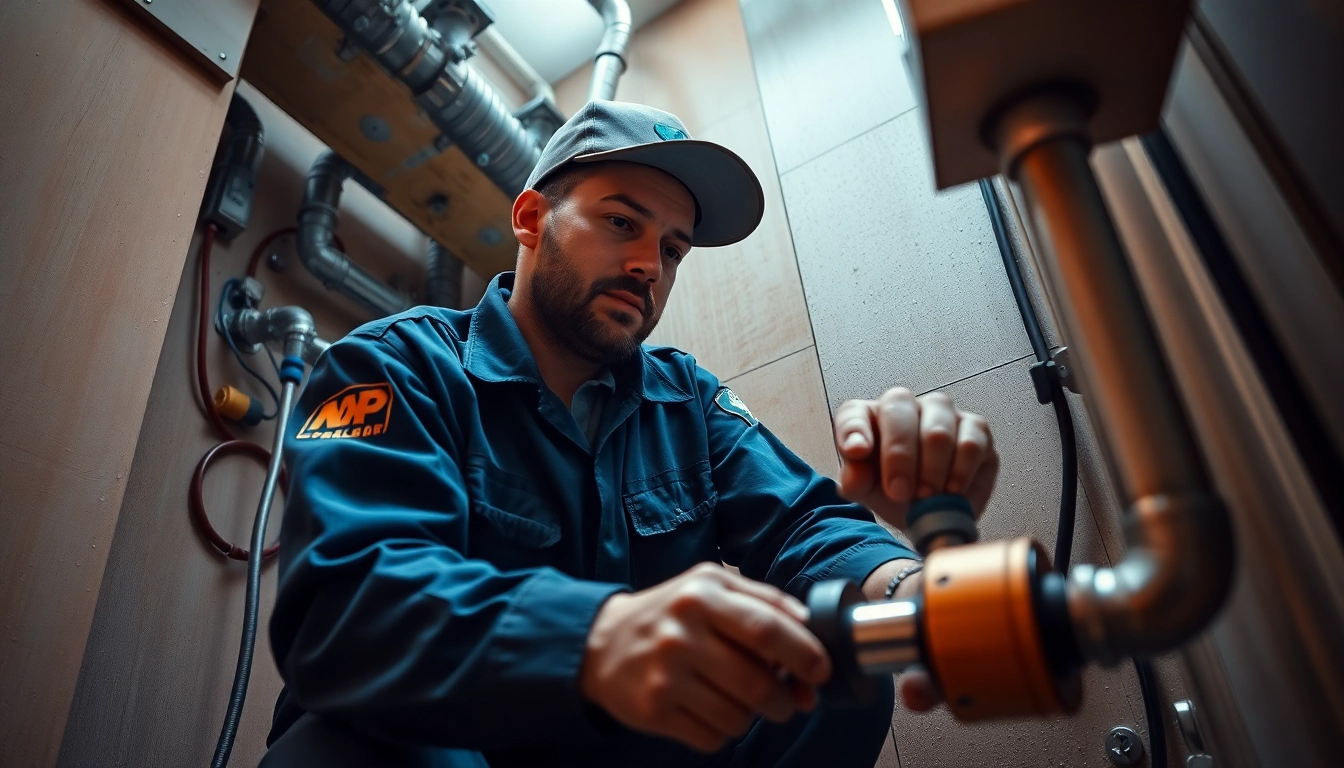 NYC emergency plumber & sewer addressing a burst pipe in an upscale apartment, demonstrating expertise and urgency.