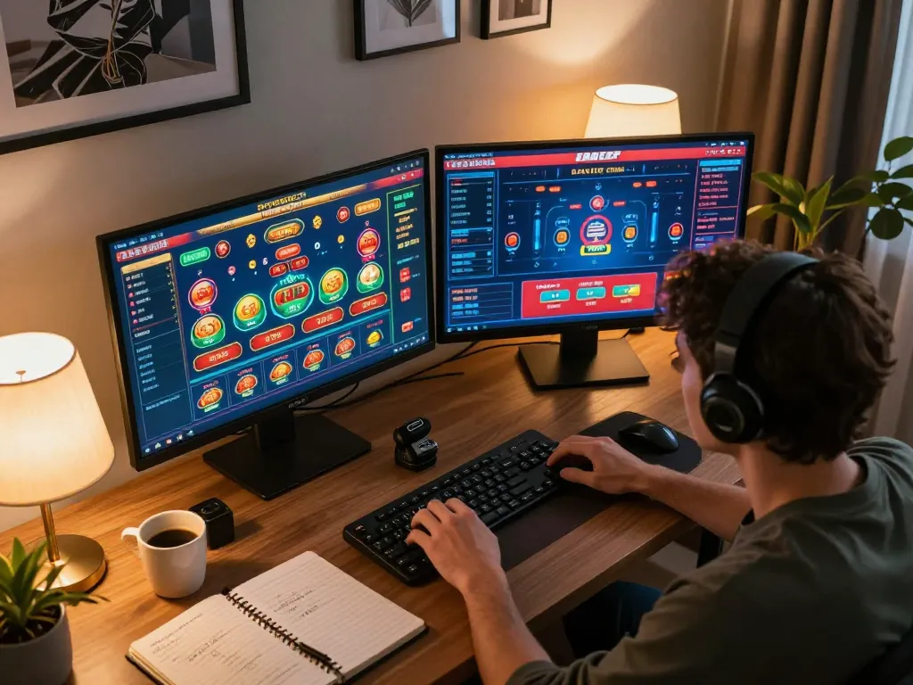 Engaged player exploring xx88bet's dynamic casino games on multiple screens in a stylish home office