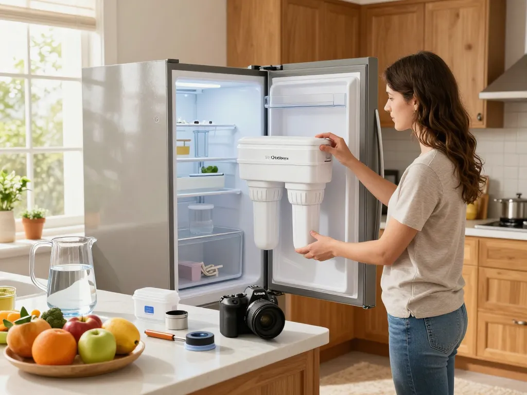 Person installing Overbest XWF Replacement for GE® XWF Refrigerator Water Filter in a bright kitchen.