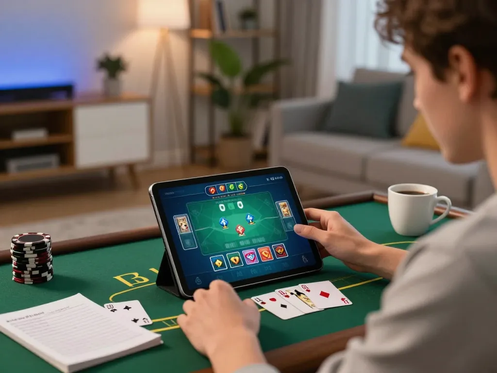 Engaged player using go8 tablet for online blackjack gaming, showcasing strategic thinking and cozy environment.