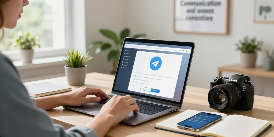 Young professional accessing Telegram Web Version in a bright home office.