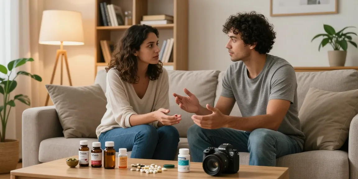 Cialis conversation between a couple discussing erectile dysfunction remedies in a cozy living room setting with natural supplements.