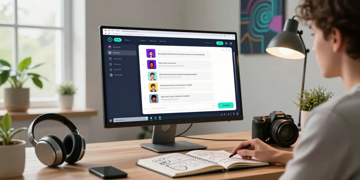 AI NSFW engagement in a modern workspace with chat interface and creative elements.