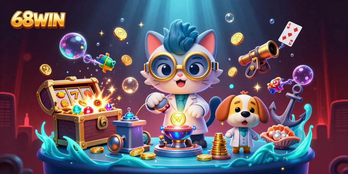 Play slots at 68WIN with golden bubbles and cartoon characters in this vibrant casino scene.