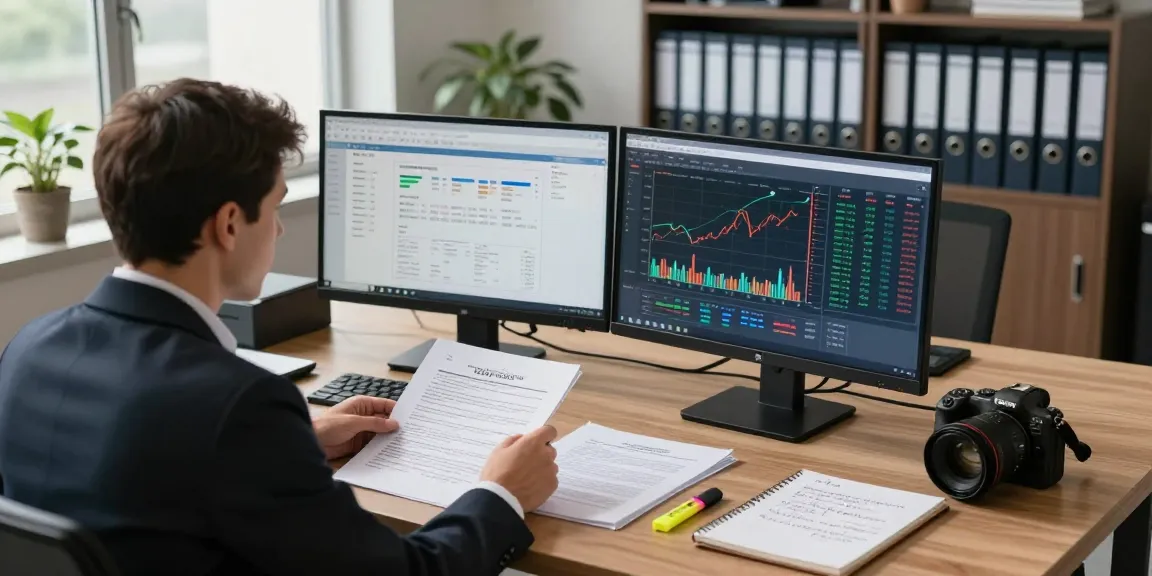 Asset tracing investigation scene with financial documents and data analysis in a professional office.