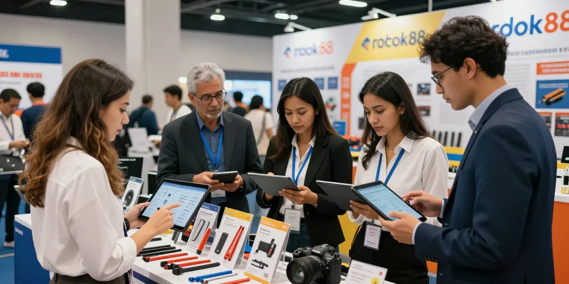 Professionals collaborating at a dynamic rokok88 industrial marketplace showcasing tools and equipment.