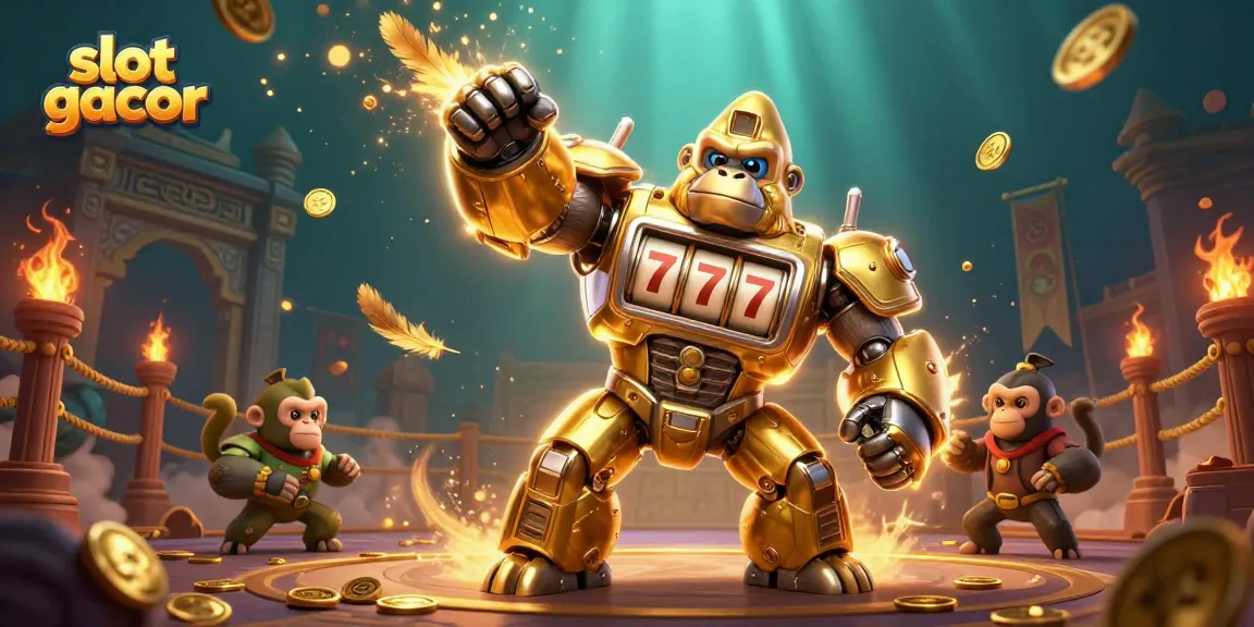 Experience thrilling slot gacor gameplay with our dynamic gorilla mech illustration and integrated slot machine elements.
