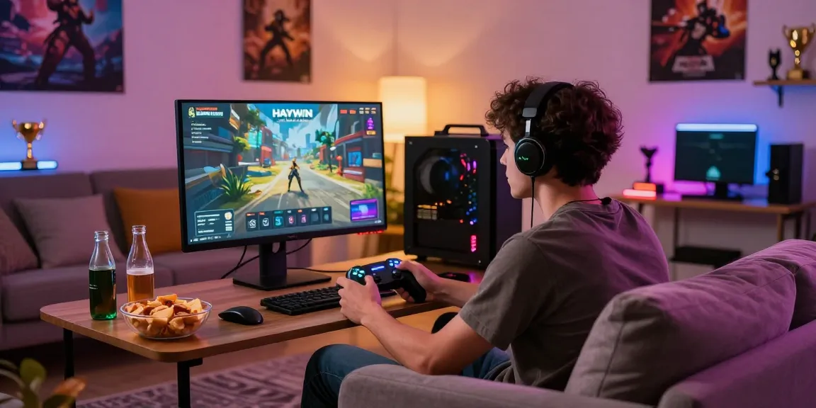 Exciting online gaming experience at https://haywin.eu.com/ in a cozy modern living room filled with vibrant colors and ambient lighting.