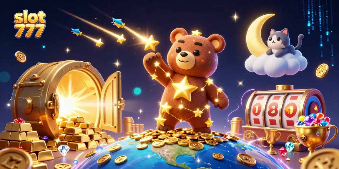 Play slot 777 with a 3D constellation bear scooping coins and vibrant casino elements.
