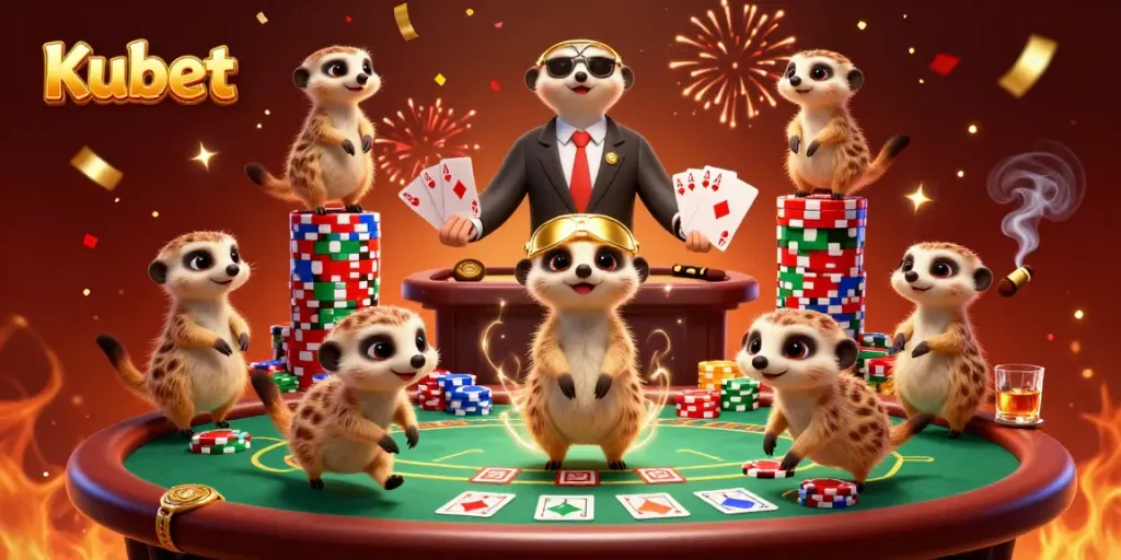 Kubet meerkats dominate the casino with vibrant energy, showcasing poker skills and dynamic celebration.