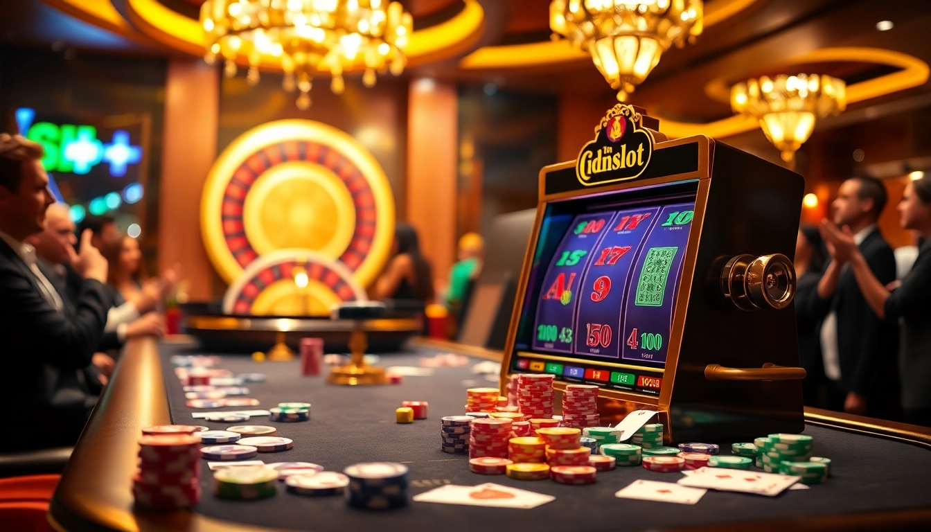 Experience thrilling idnslot action at a luxurious casino with vibrant slot machines and colorful tables.