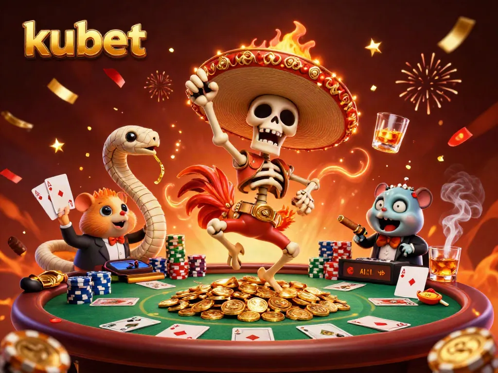 kubet players enjoy a festive casino scene with colorful poker elements and animated characters celebrating wins.