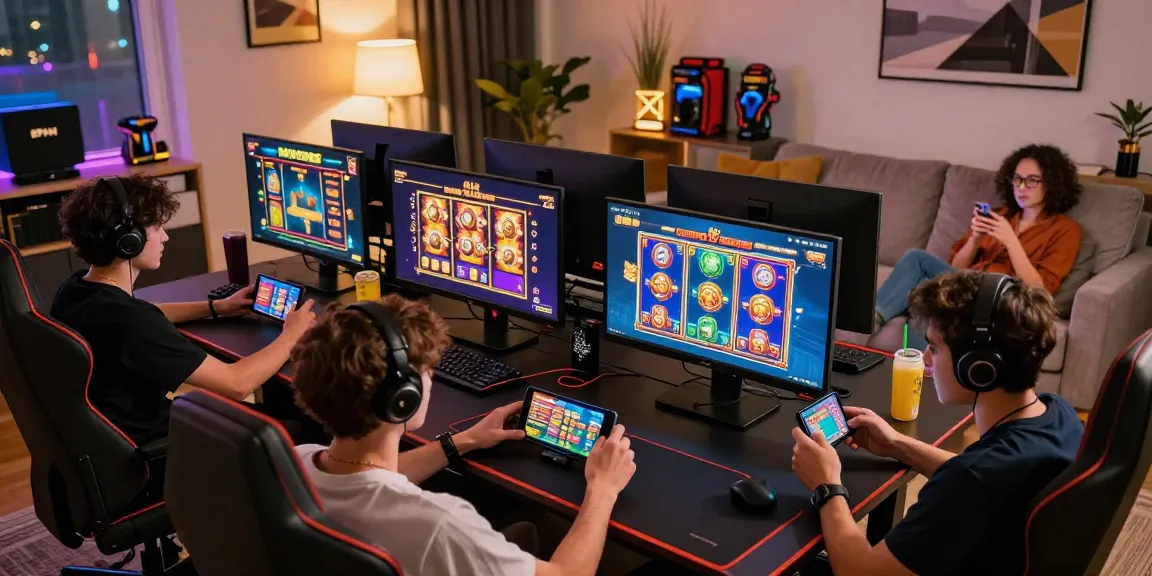Diverse players enjoying slot88 games in a vibrant gaming space with devices and colorful graphics.