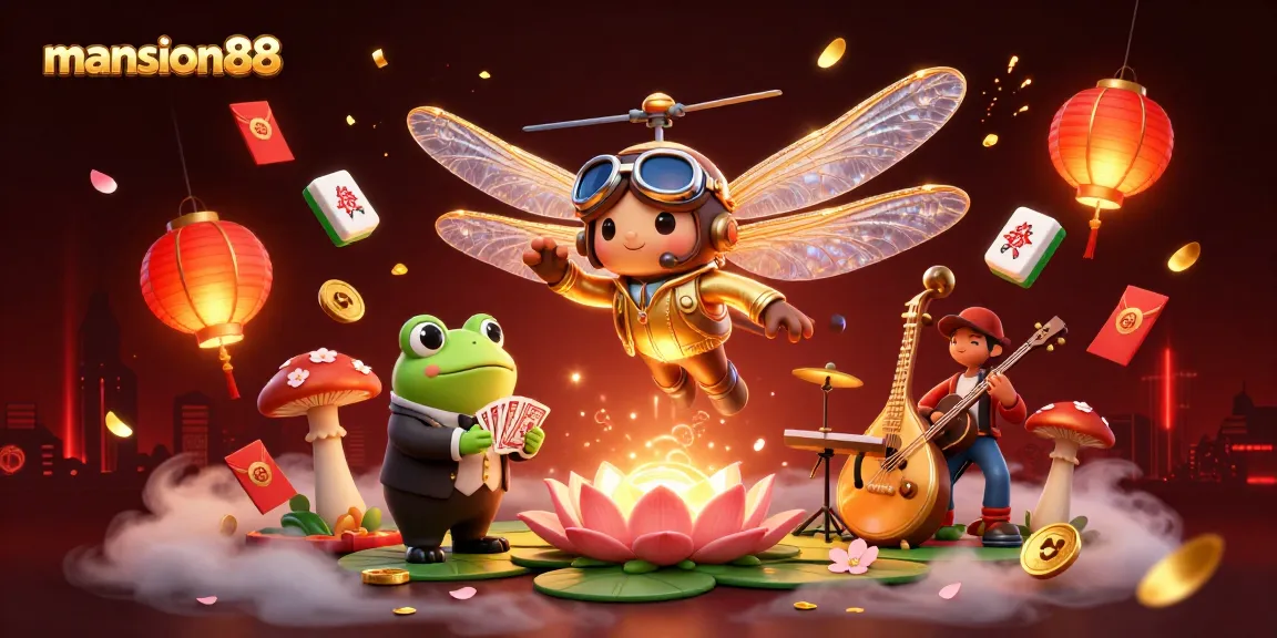 Experience excitement at mansion88 with a dragonfly pilot and a frog croupier dealing cards.