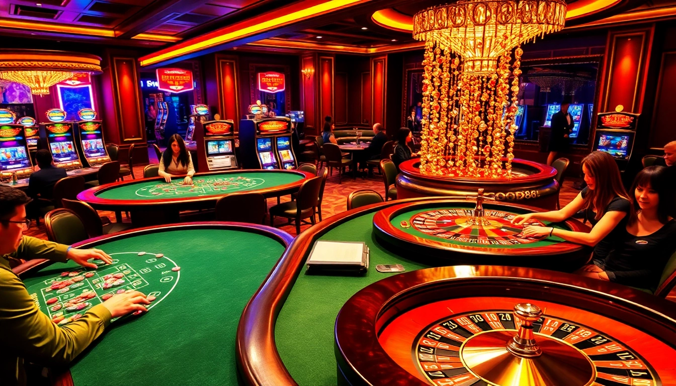 Players engaging at a vibrant GOOD88 casino table, highlighting the excitement of online gambling.