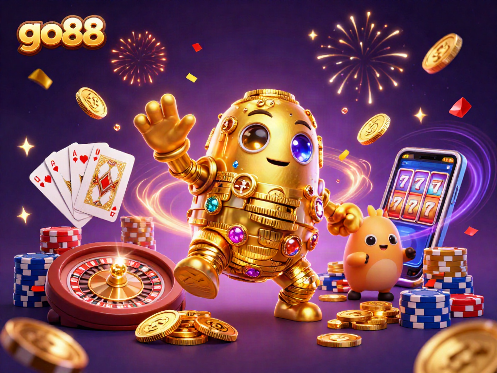 Experience the thrill of go88 with vibrant 3D casino elements and golden golem features.