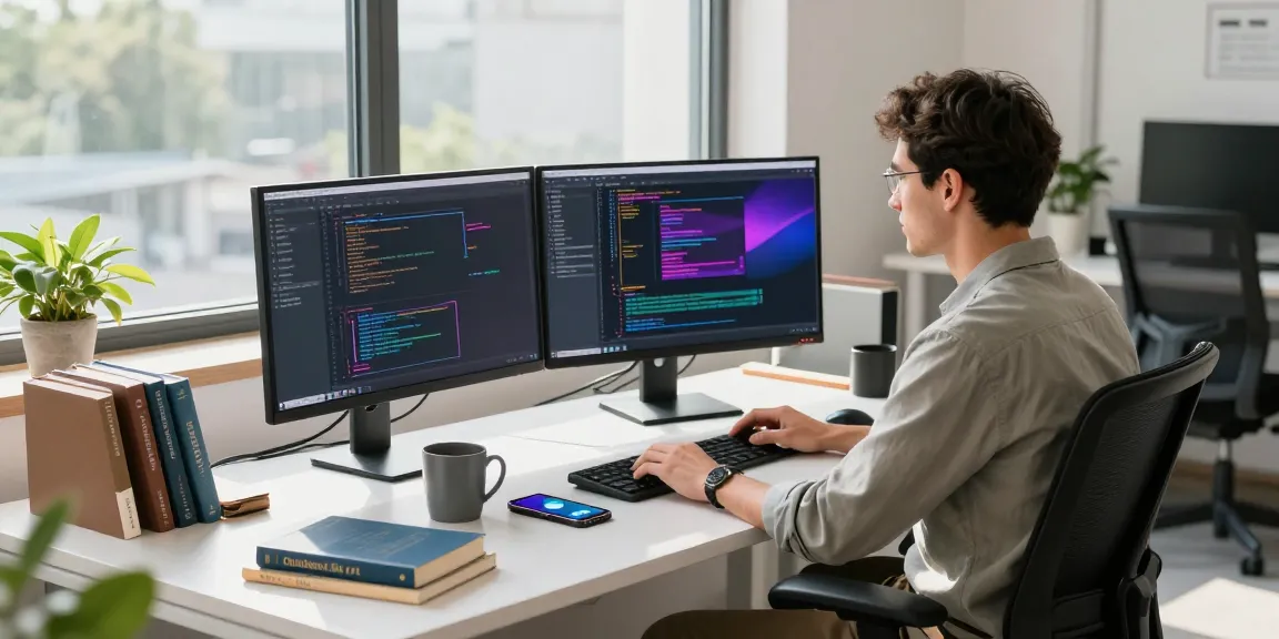 Developer coding in a modern office with telegram官网 notifications and vibrant screens.