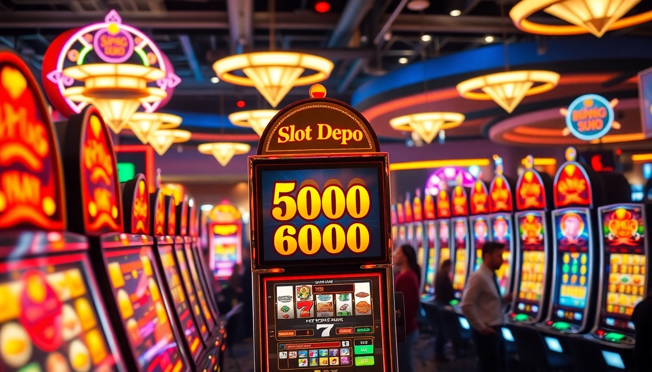 Slot Depo 5000 pada mesin slot yang cerah dan menarik di kasino, menarik perhatian pemain.