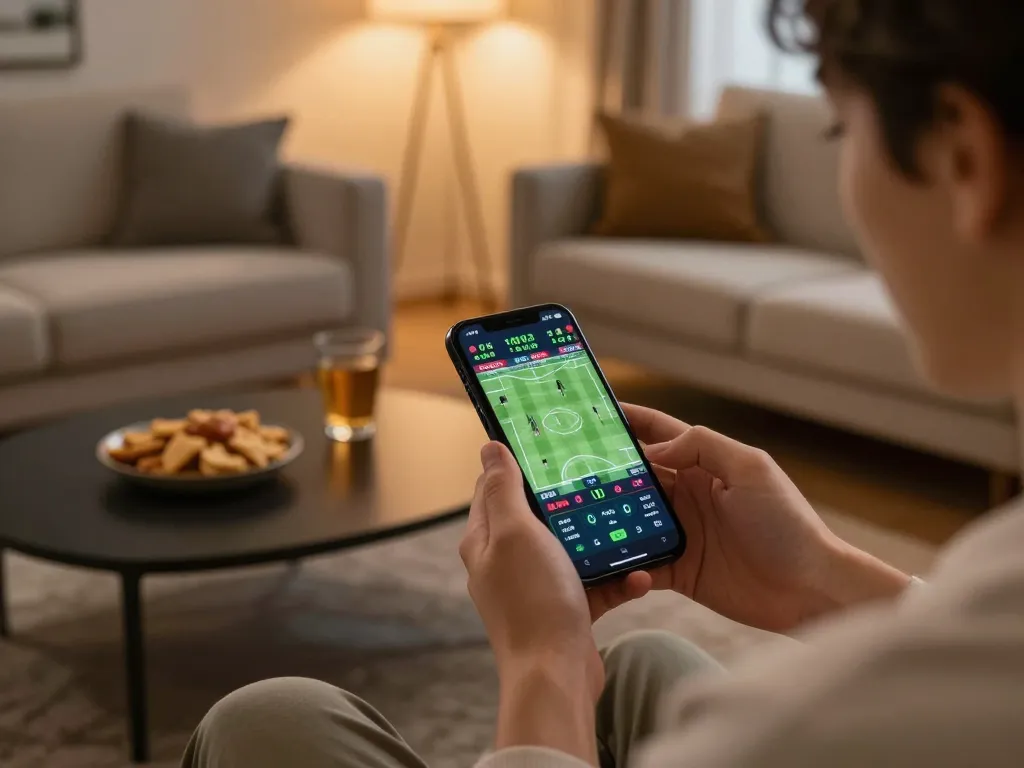 Person betting on sports using 99win app on smartphone in a cozy living room.