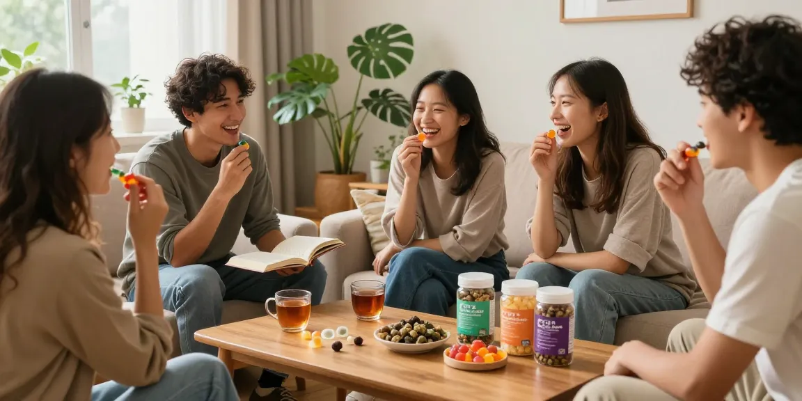 Edibles like CBD-infused gummies enhancing joyful gatherings with friends, showcasing wellness and natural ingredients.
