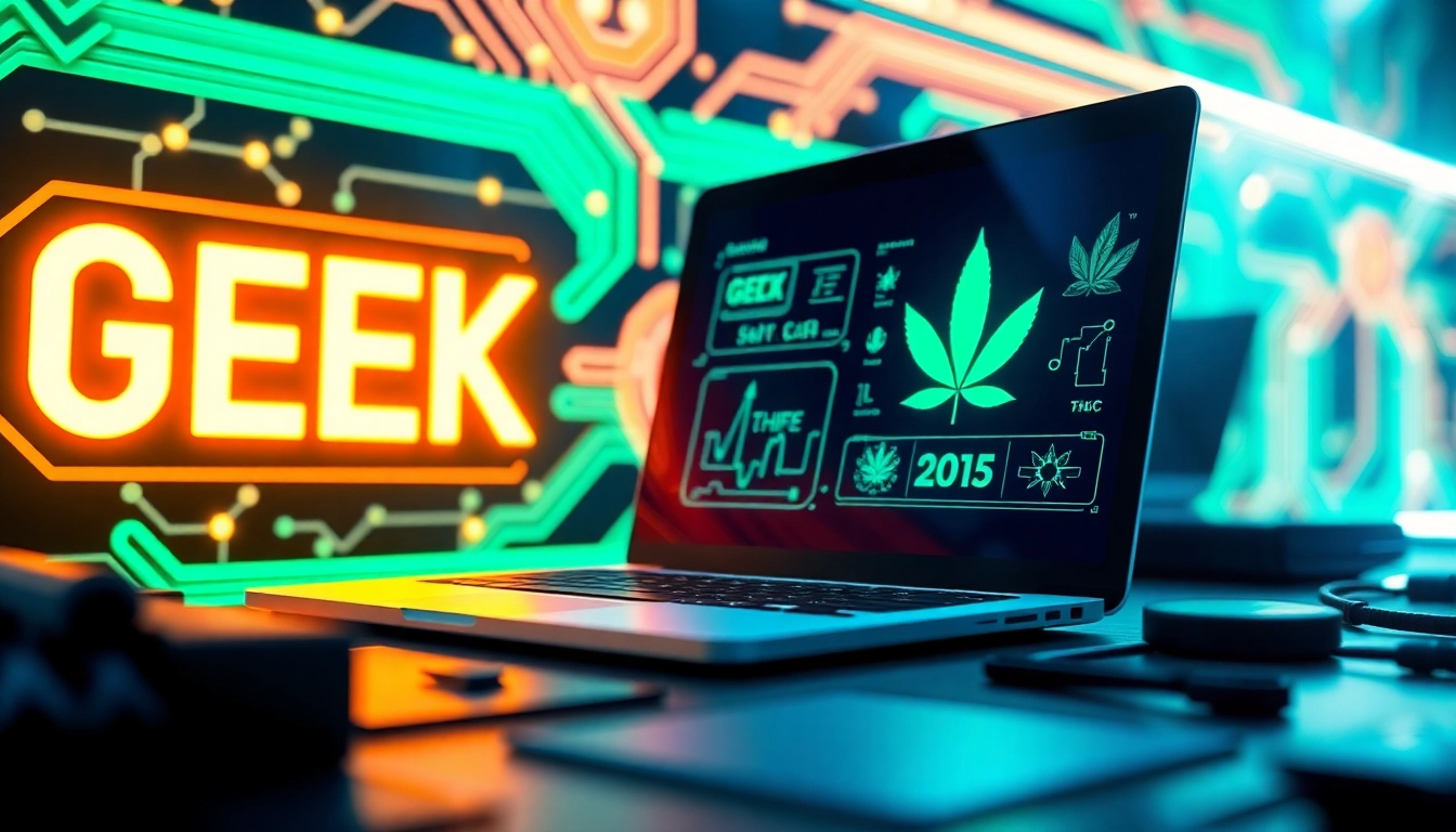 Innovative digital workspace featuring GEEK THC logo on a high-tech laptop.