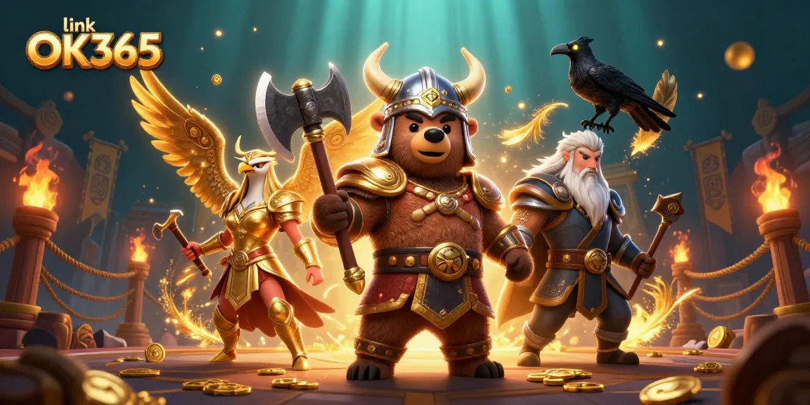 Join the action with link OK365 in this vibrant casino-themed illustration featuring characters and dynamic elements.