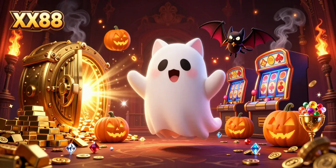 Experience exhilarating casino fun with XX88 featuring ghost cat and vampire bat in a vibrant haunted setting.