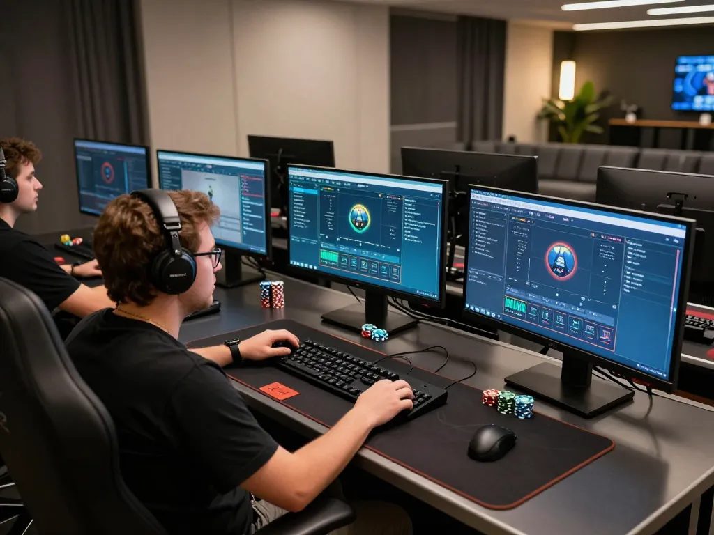 Engaging with the LLWIN Function for winning strategies at an online poker table, showcasing a modern gaming setup.
