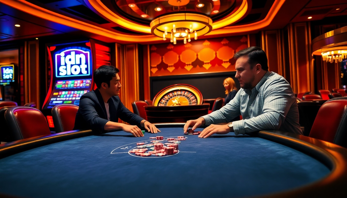 Engage in thrilling idn slot games at a vibrant casino with colorful chips and illuminated machines.