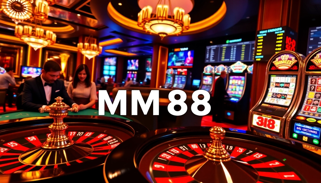 Experience thrilling gameplay at MM88's vibrant casino with poker chips and a roulette wheel.