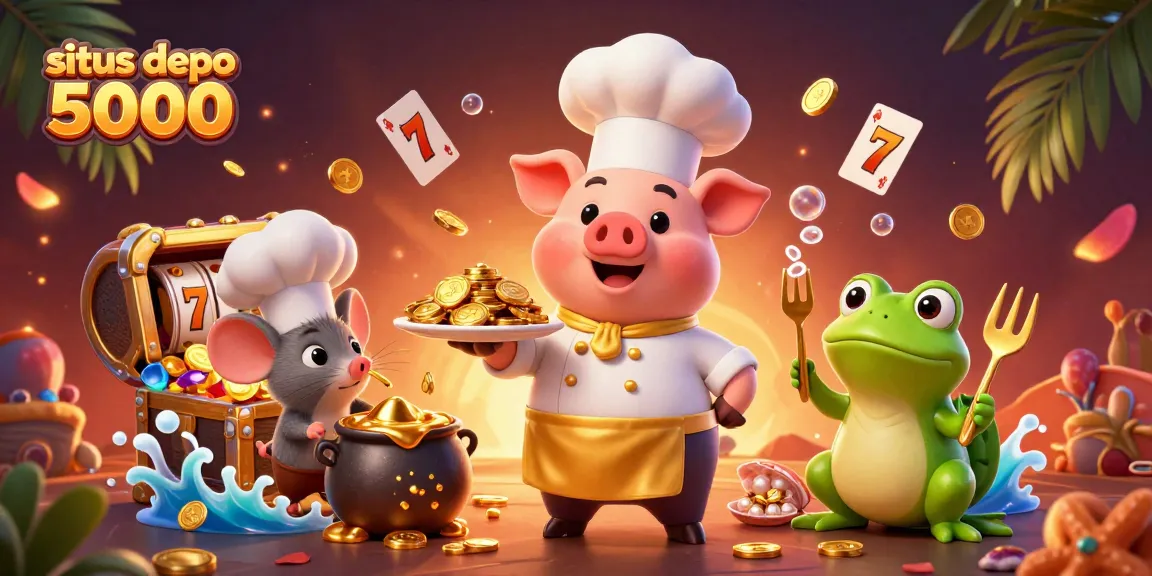 P permainan menarik pada situs depo 5000 dengan karakter lucu dari koki babi, tikus, dan katak dalam ilustrasi 3D.