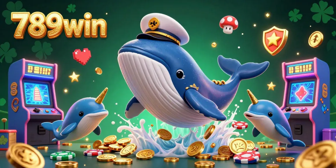 Experience the thrilling world of 789win with cartoon whales and poker chips in a vibrant casino adventure.