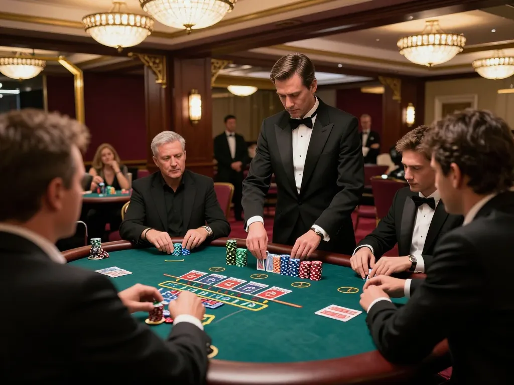 Engaging blackjack gameplay highlighting bonus new member excitement at a high-stakes table with players and dealer