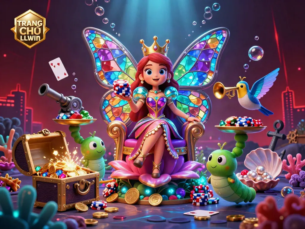 Experience the vibrant casino world at TRANG CHỦ LLWIN with a whimsical butterfly queen and dynamic treasure elements.
