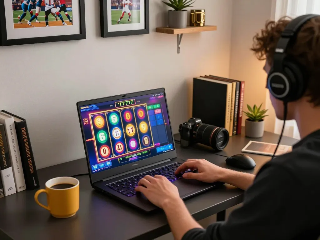 Person enjoying exciting slot777 gameplay on a laptop, cozy home gaming atmosphere
