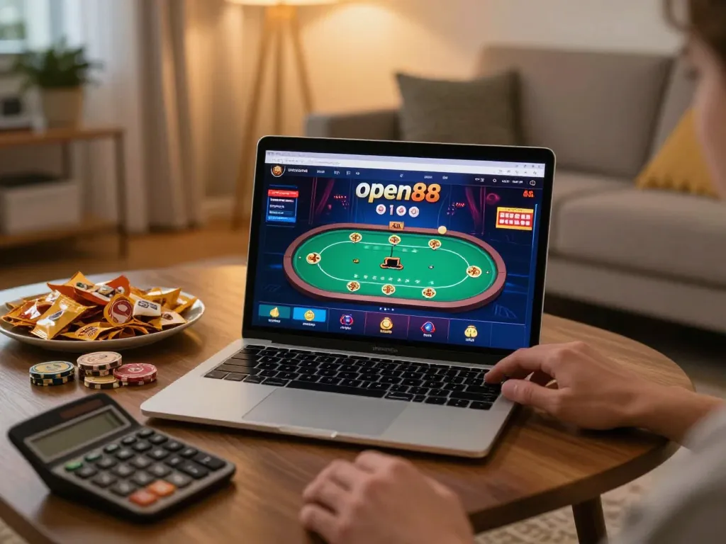 open88 user enjoying an online poker game in a cozy home setting, highlighting responsible gaming.