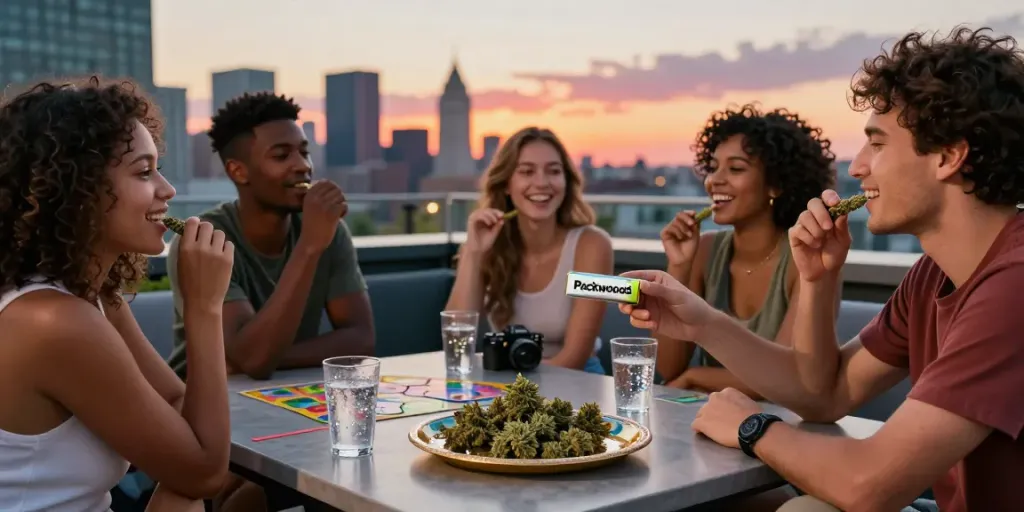 Friends enjoying Packwoods cannabis at a rooftop lounge, capturing the essence of social cannabis experiences with sunset views.