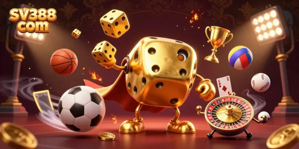 Experience excitement with SV388 com featuring golden dice, sports elements, and a vibrant casino atmosphere.