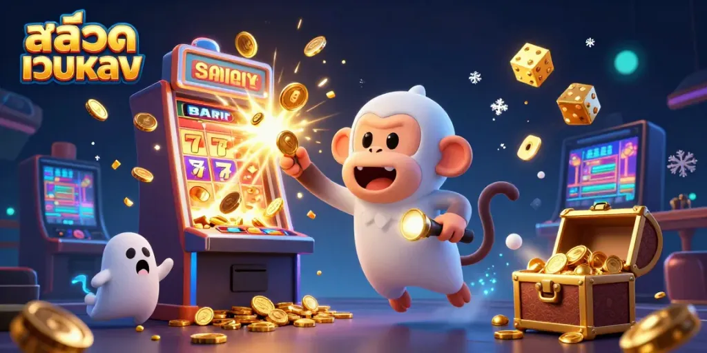 Experience the thrill of สล็อตเว็บตรง as a mischievous monkey juggles in a lively casino scene!