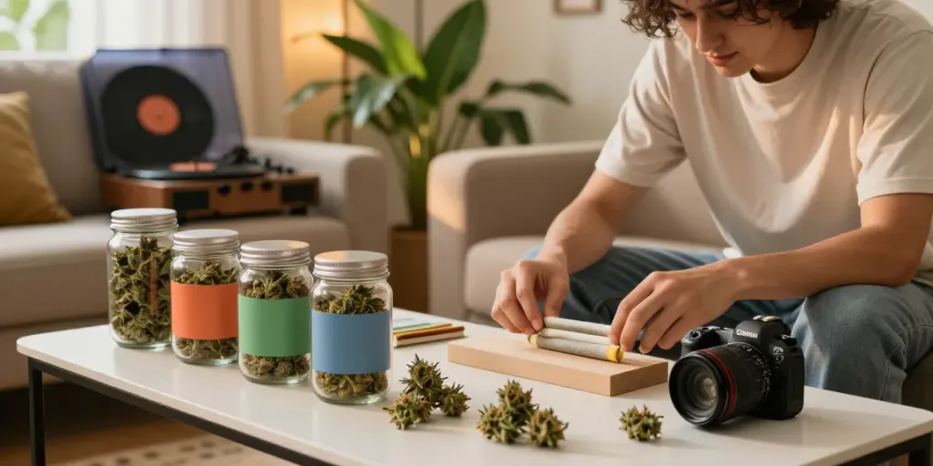Buy weed joints UK: A casual living room scene with a young adult rolling a pre-rolled joint surrounded by cannabis flower and plants.