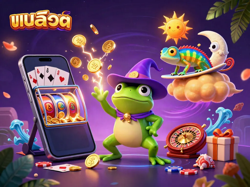 Engage with แบบสล็อต as a frog wizard creates golden coin storms in a vibrant casino scene