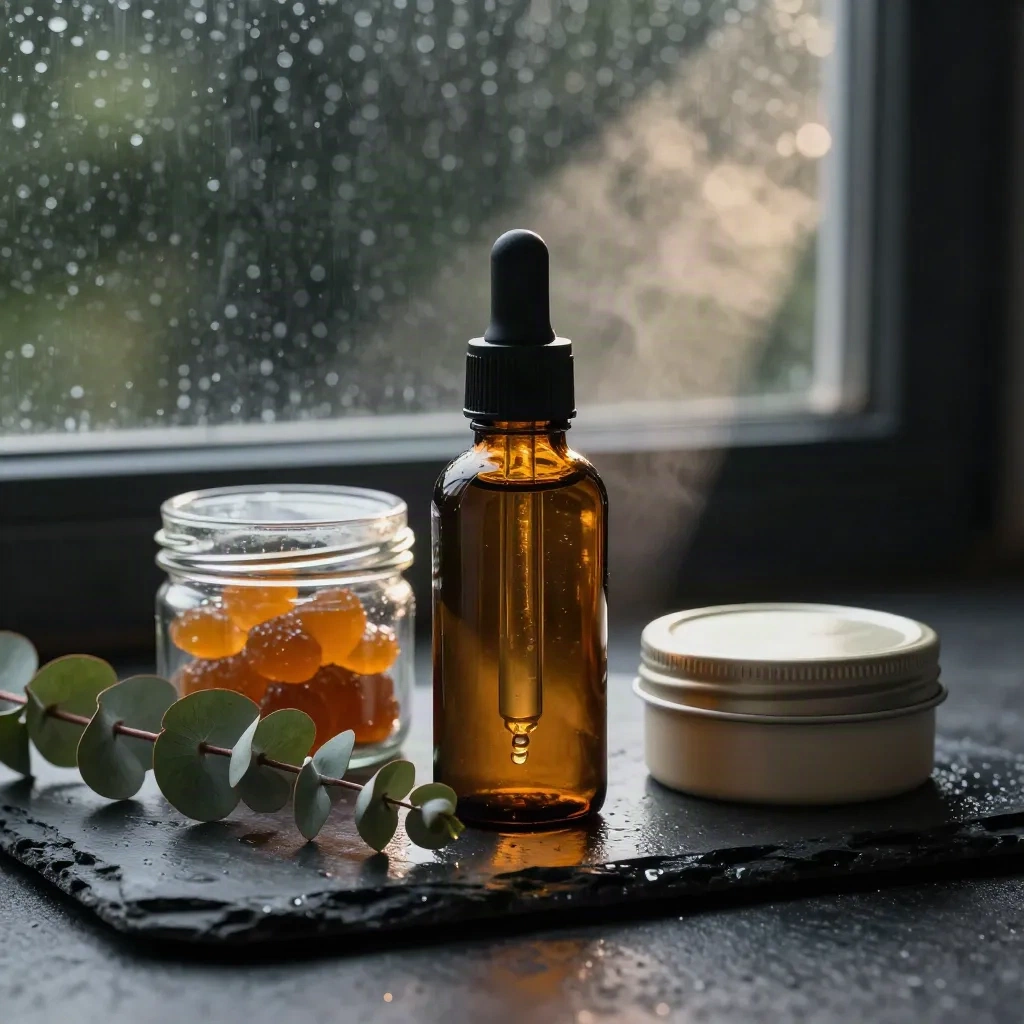 Amber CBD bottle, gummies jar, balm tin and pet canister in rain-lit haze.
