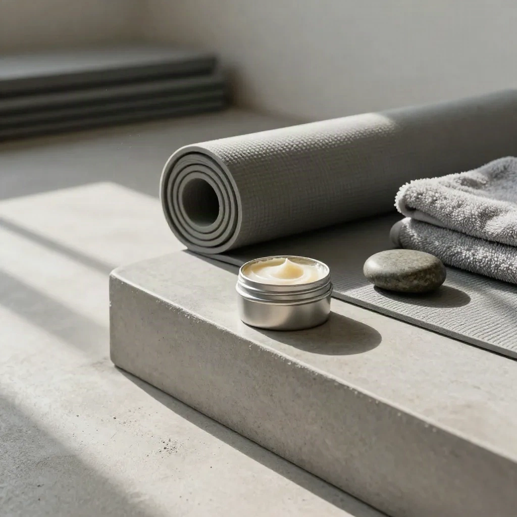 Open recovery balm tin beside a yoga mat, towel, and massage pebble in a sunlit studio